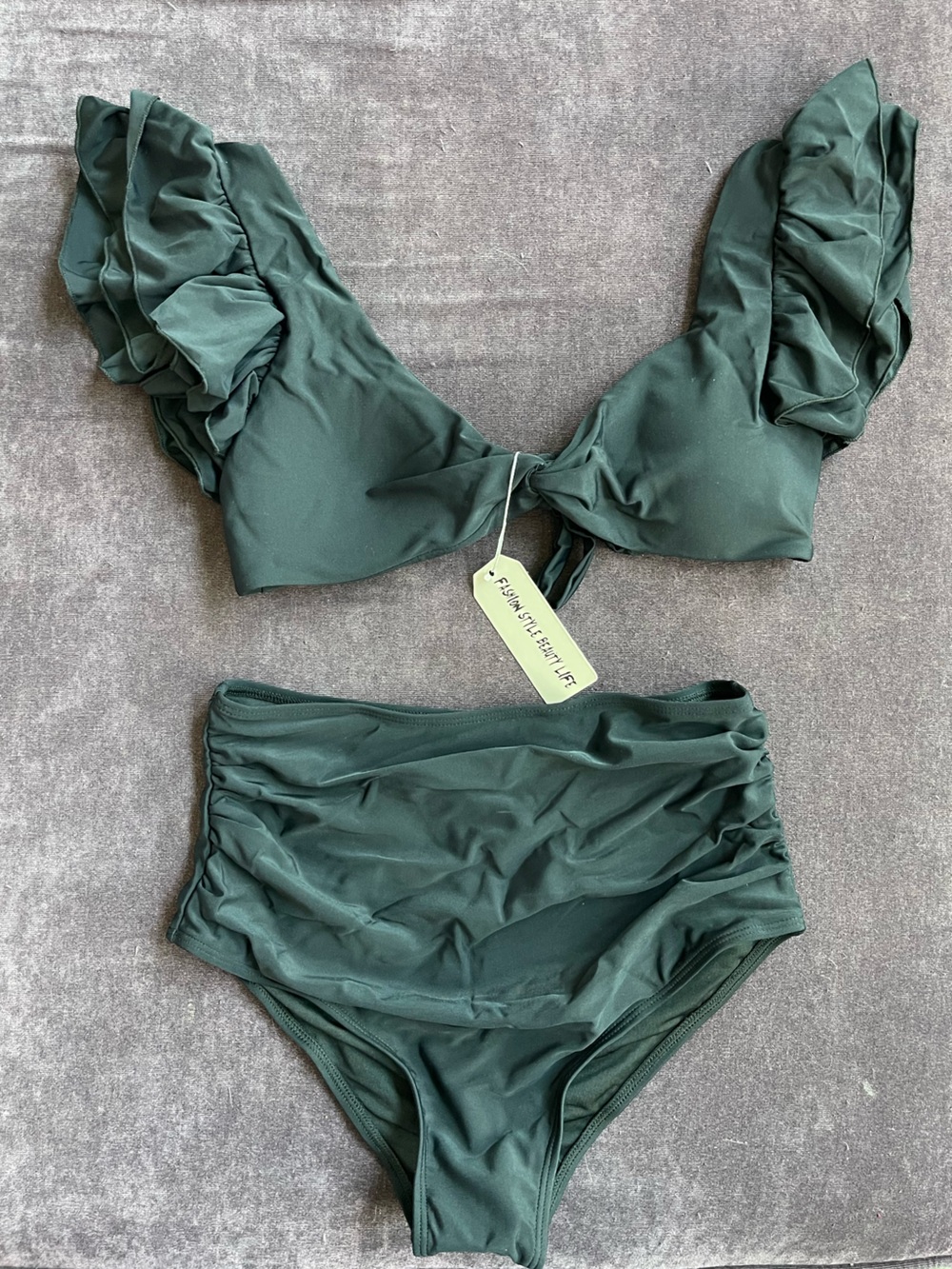 Ruffle Sleeve High-Waist Bikini Set - Deep Green